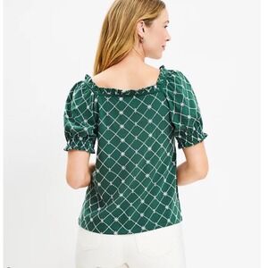 LOFT‎ Green Blouse Square Neck Puff Sleeve Top Geometric Print Size M